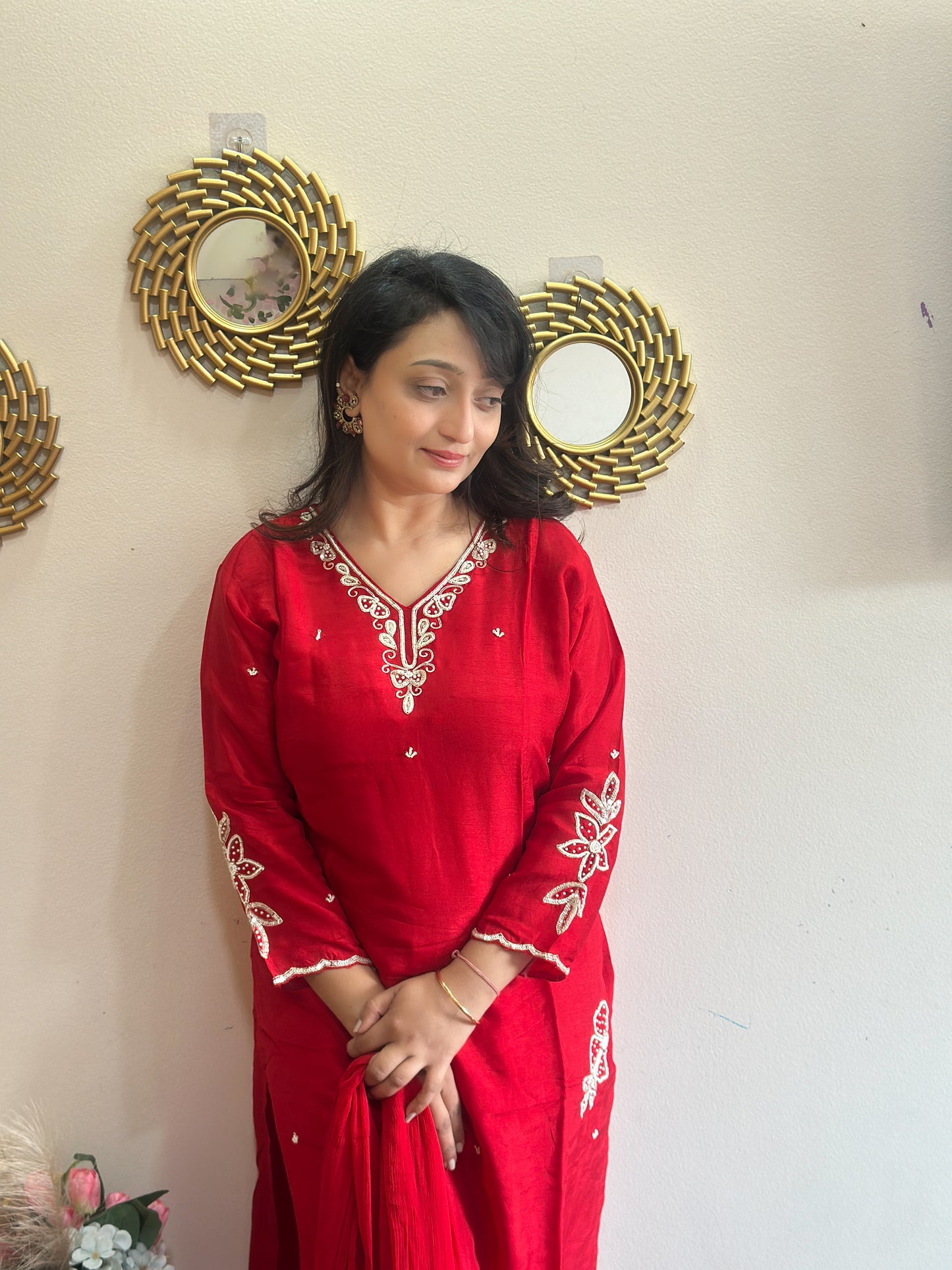 Red Embroidered Dola Silk Kurta Set