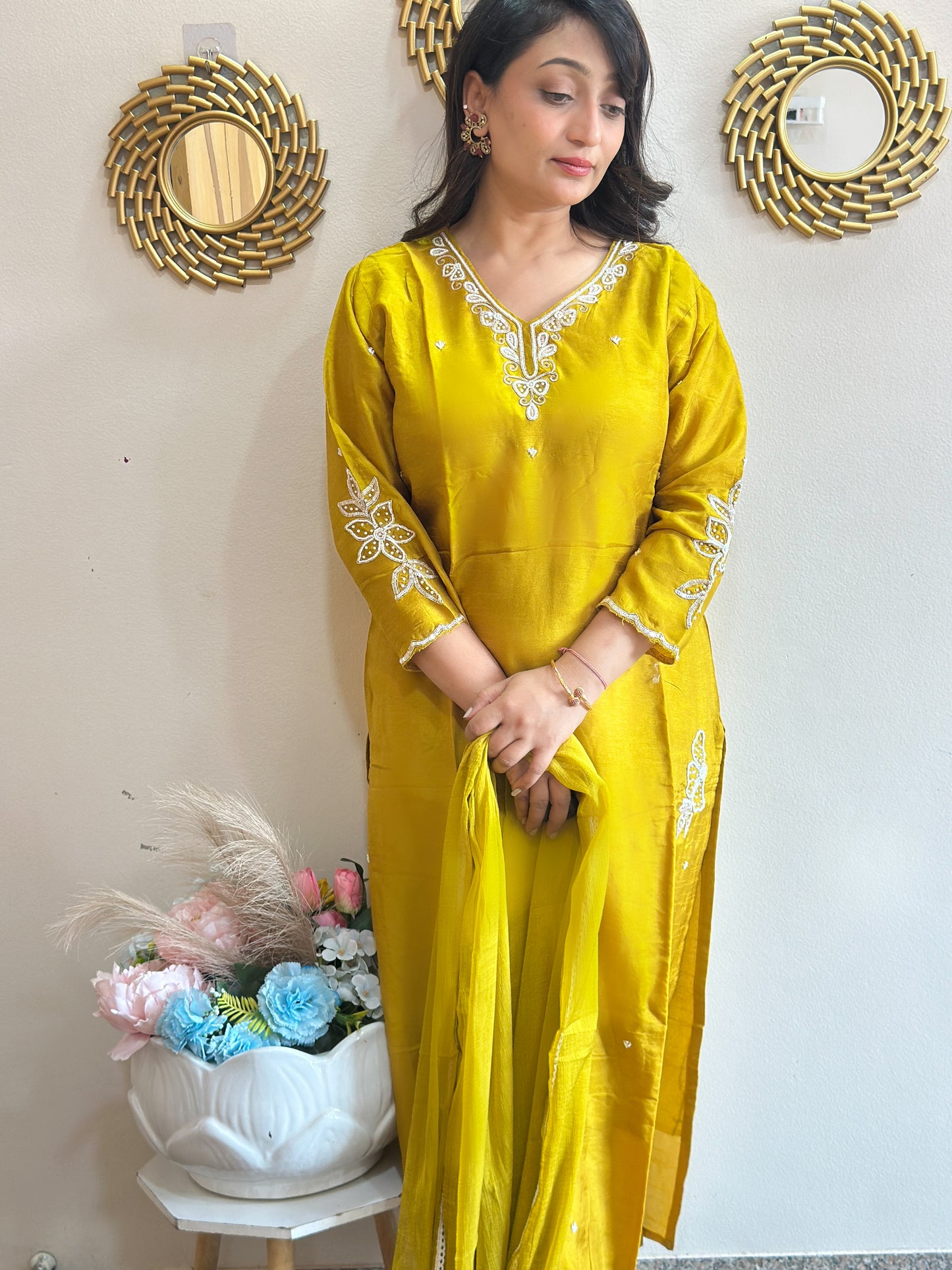 Mustard Embroidered Dola Silk Kurta Set
