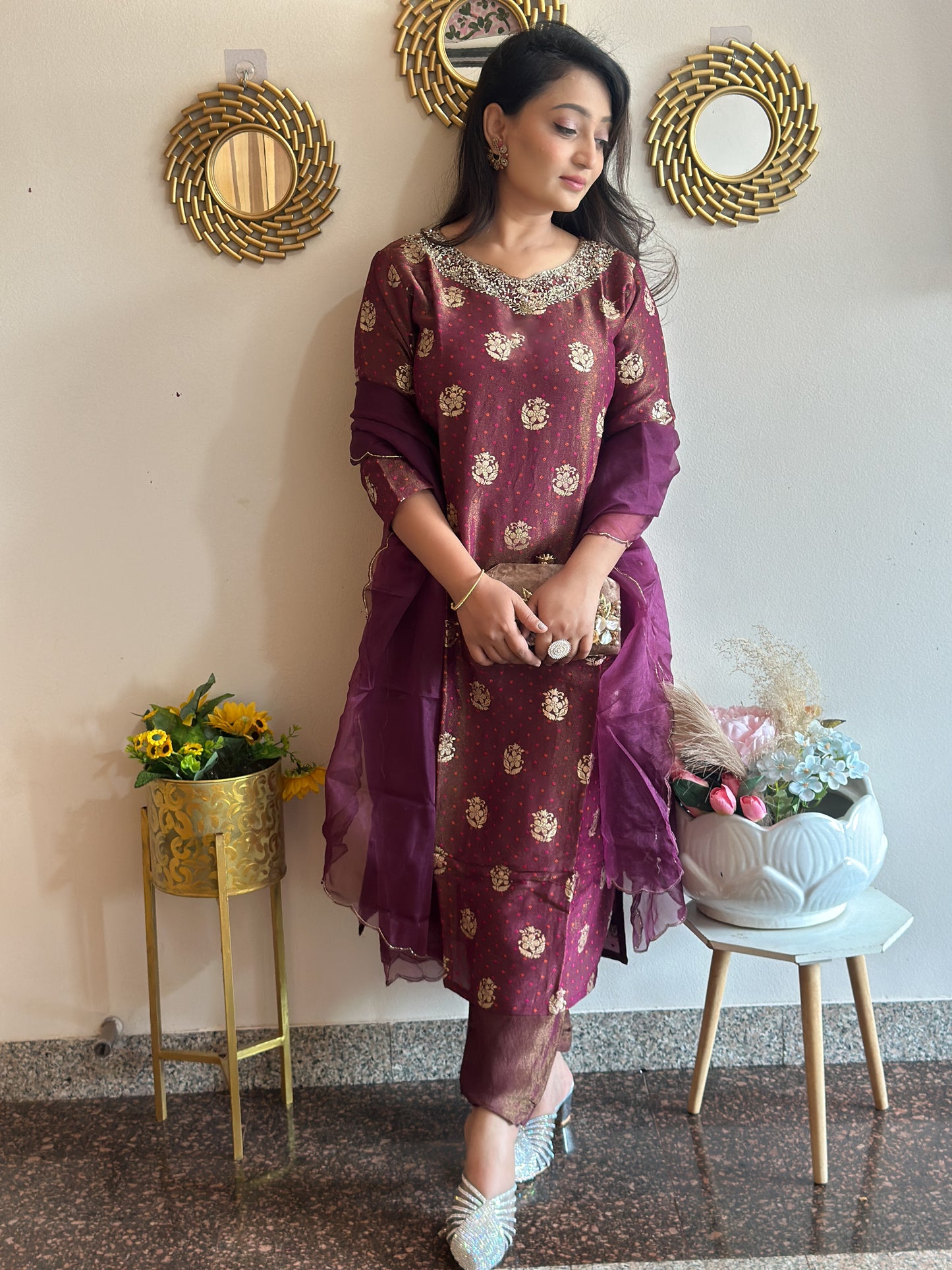 Wine Colour Tissue Silk Kurta Set