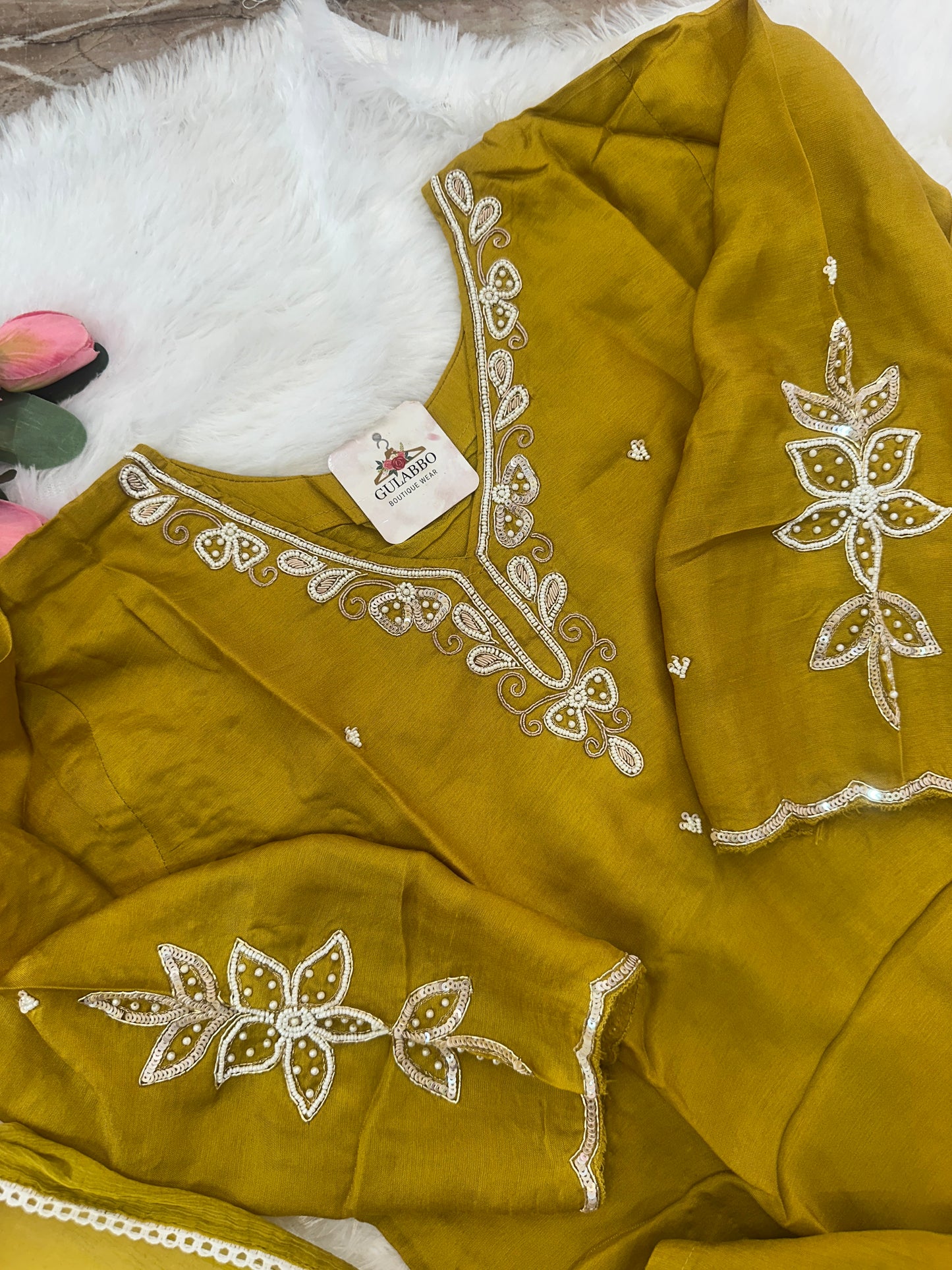 Mustard Embroidered Dola Silk Kurta Set