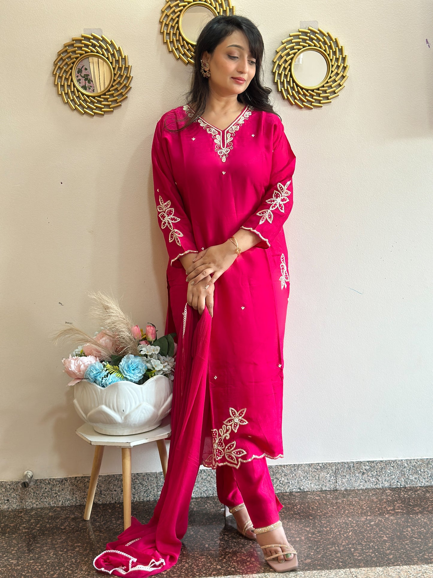 Embroidered Dola Silk Kurta Set