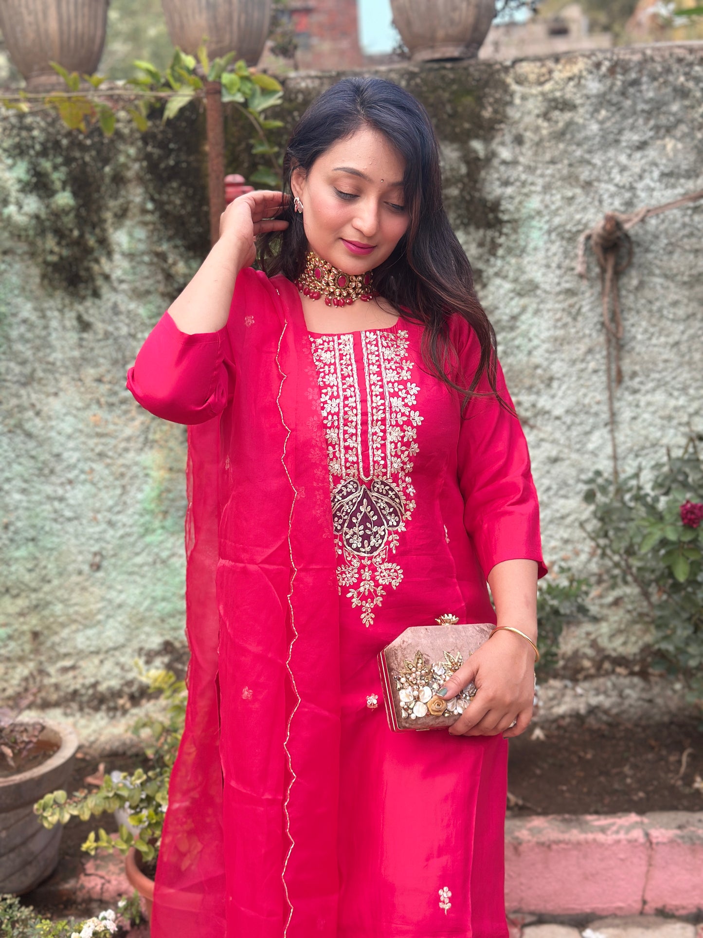 Silk Embroidered Kurta Set With Organza Dupatta