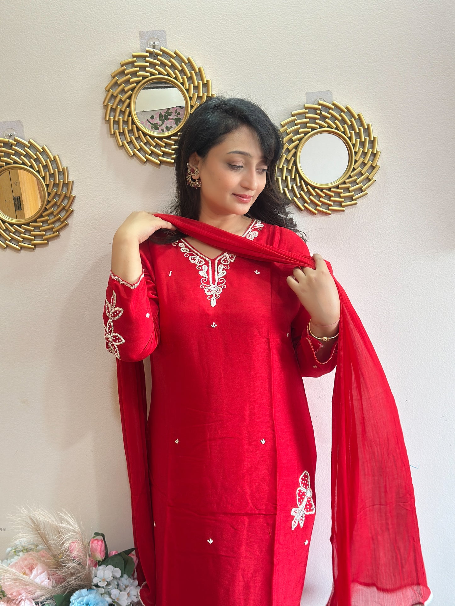 Red Embroidered Dola Silk Kurta Set