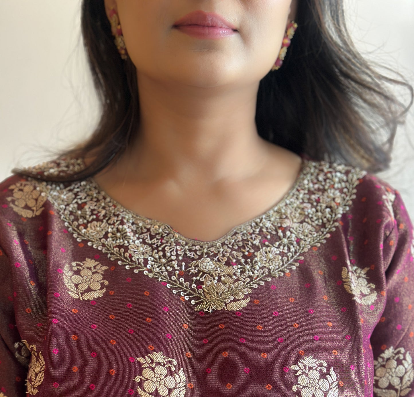 Wine Colour Tissue Silk Kurta Set