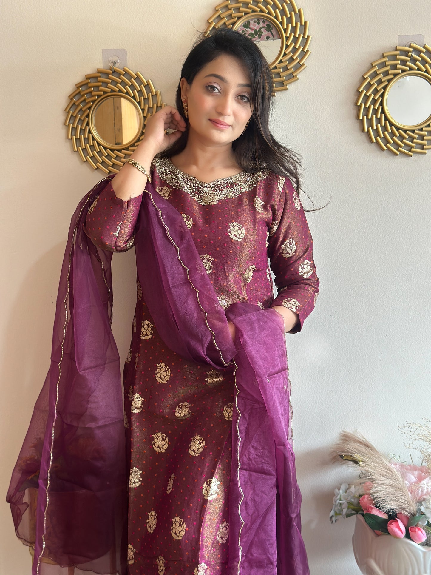 Wine Colour Tissue Silk Kurta Set