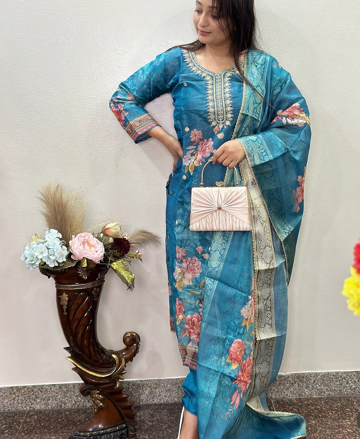 Classy Floral Organza Blue Kurta Set
