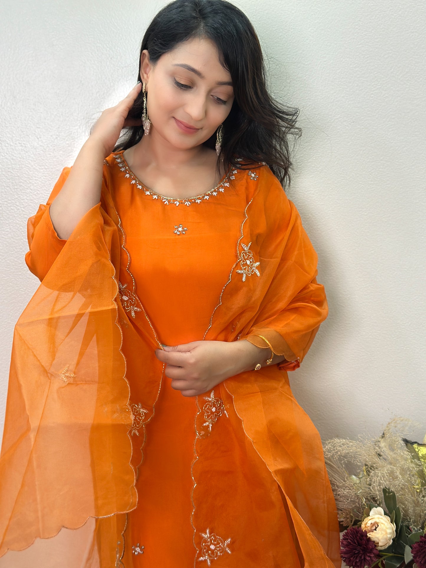 Elegant Orange Embroidered Ensemble