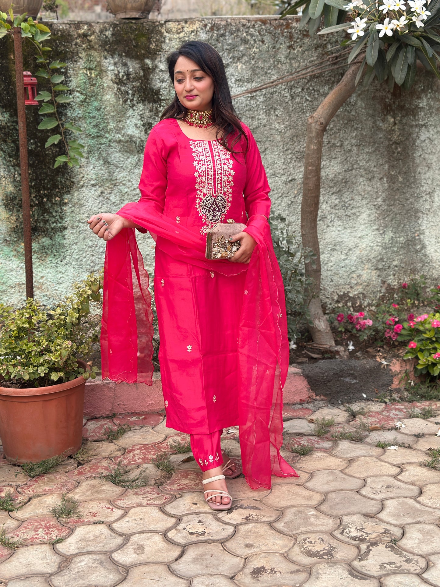 Silk Embroidered Kurta Set With Organza Dupatta