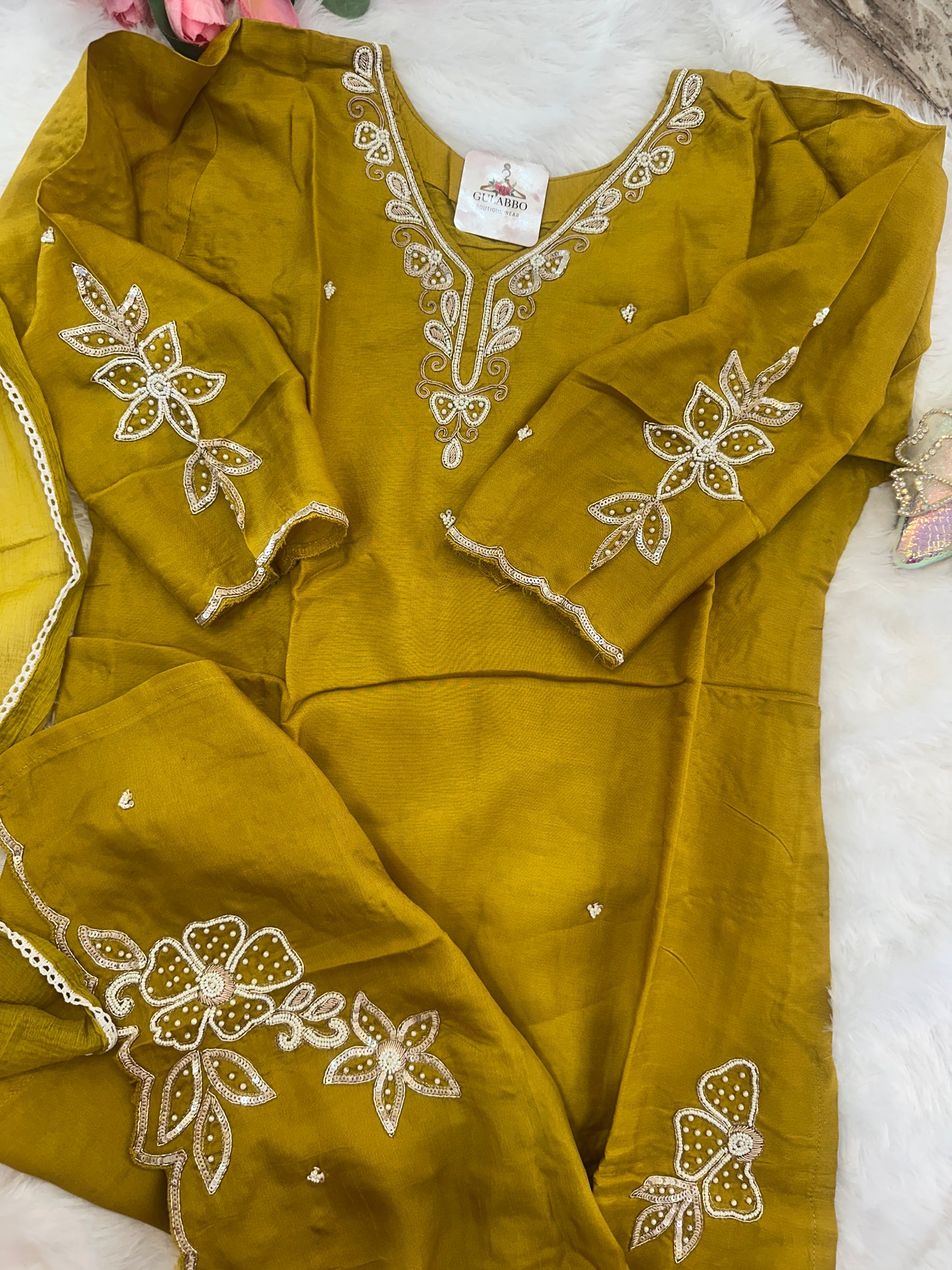 Mustard Embroidered Dola Silk Kurta Set
