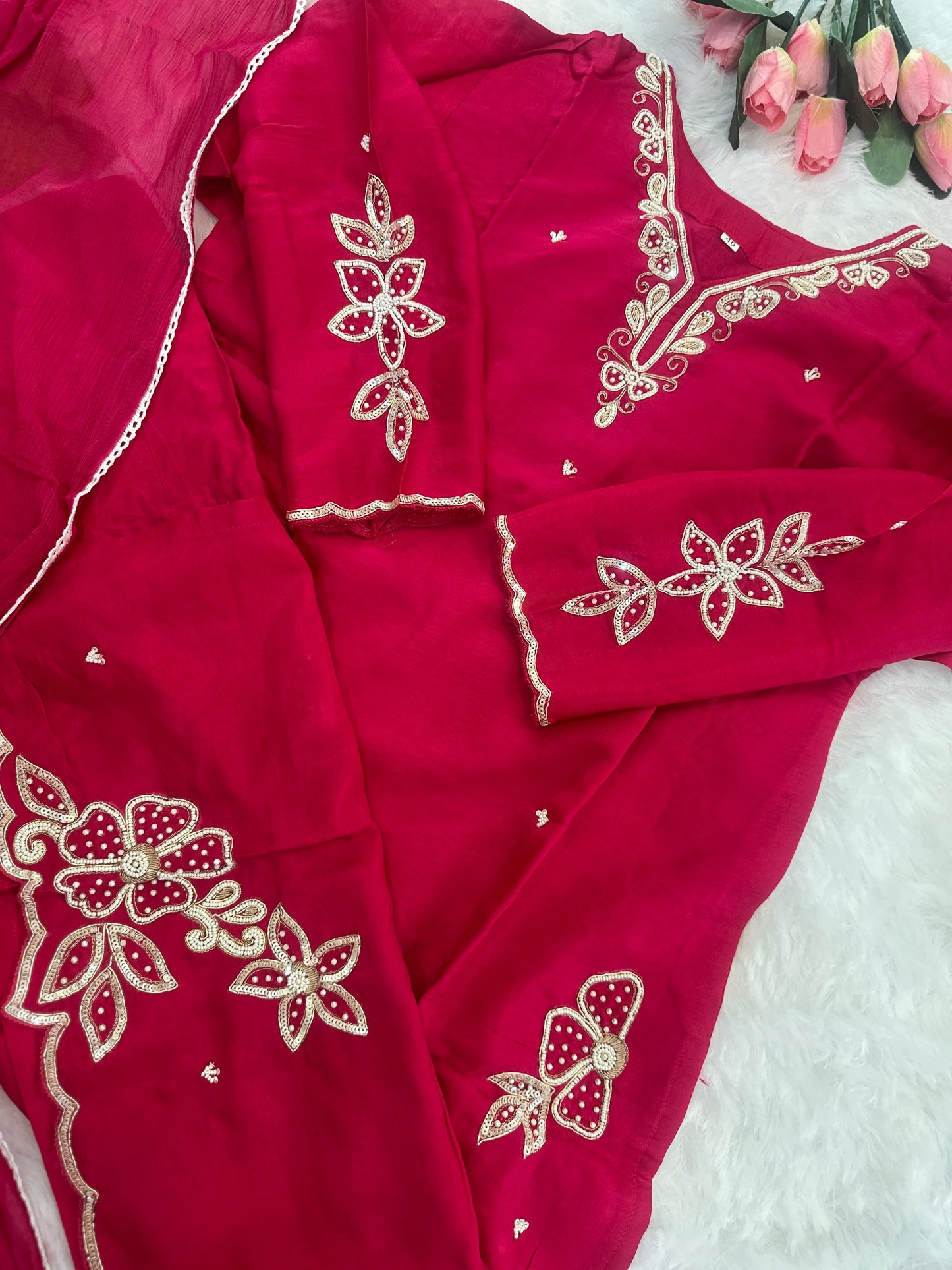 Embroidered Dola Silk Kurta Set