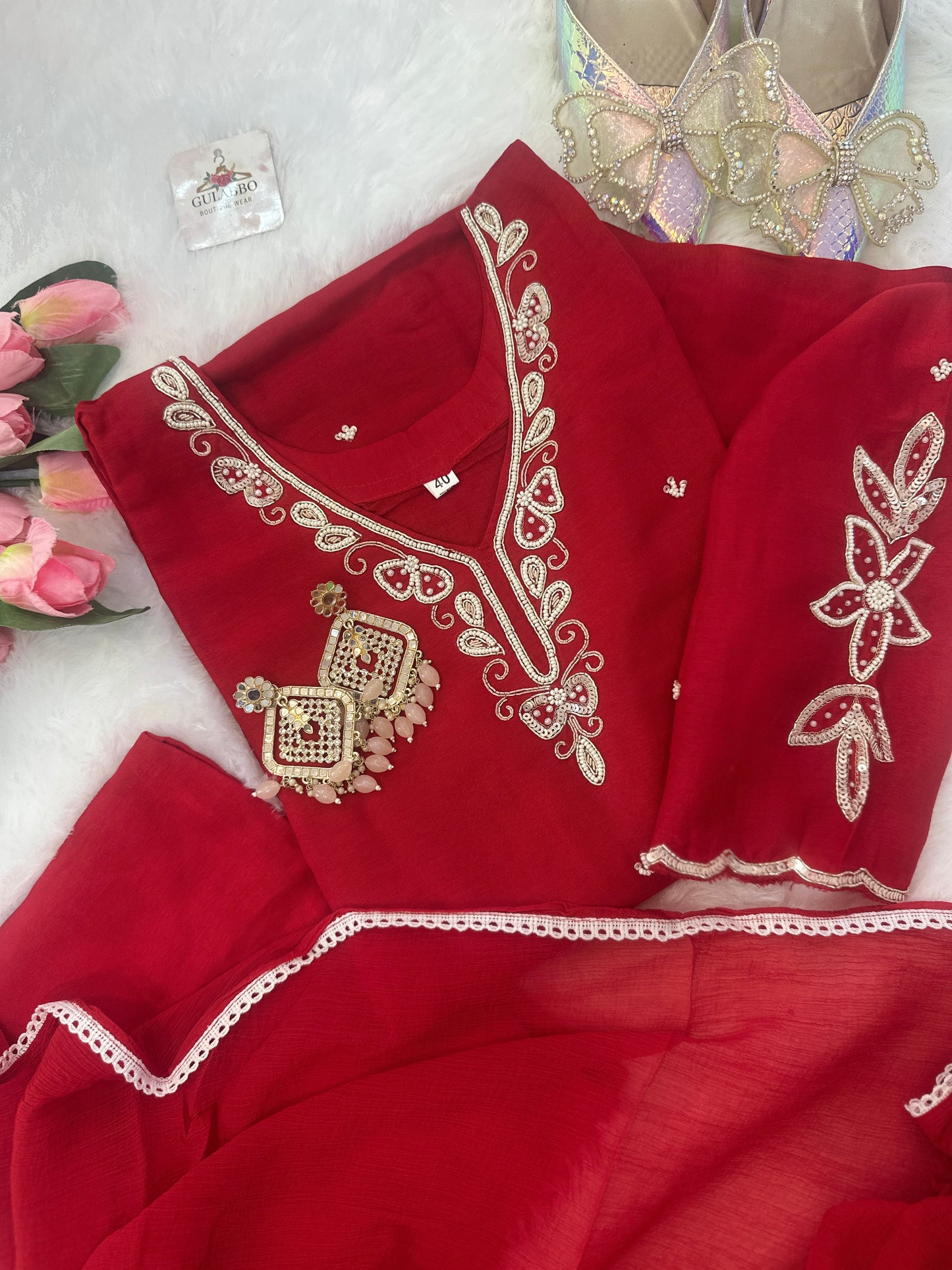 Red Embroidered Dola Silk Kurta Set