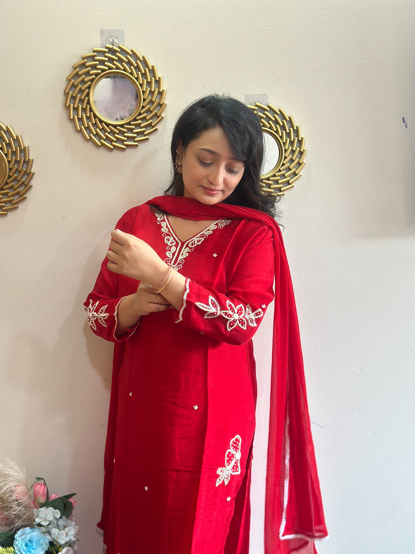 Red Embroidered Dola Silk Kurta Set