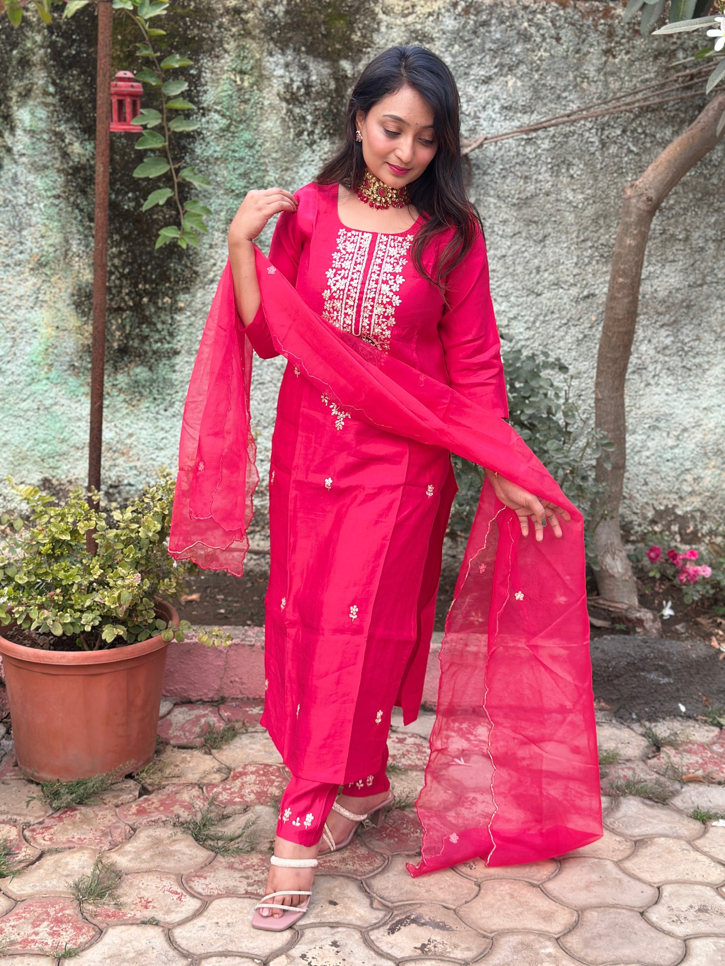 Silk Embroidered Kurta Set With Organza Dupatta