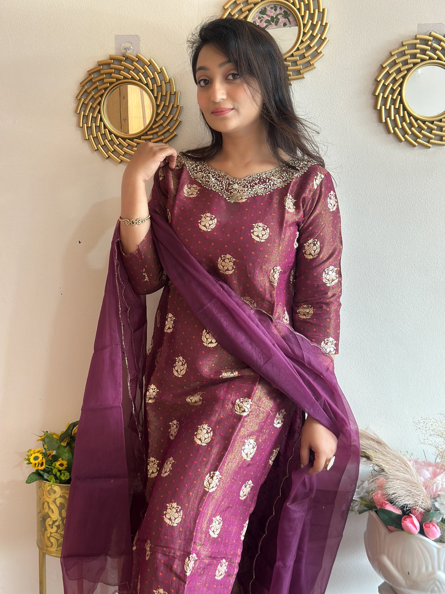 Wine Colour Tissue Silk Kurta Set