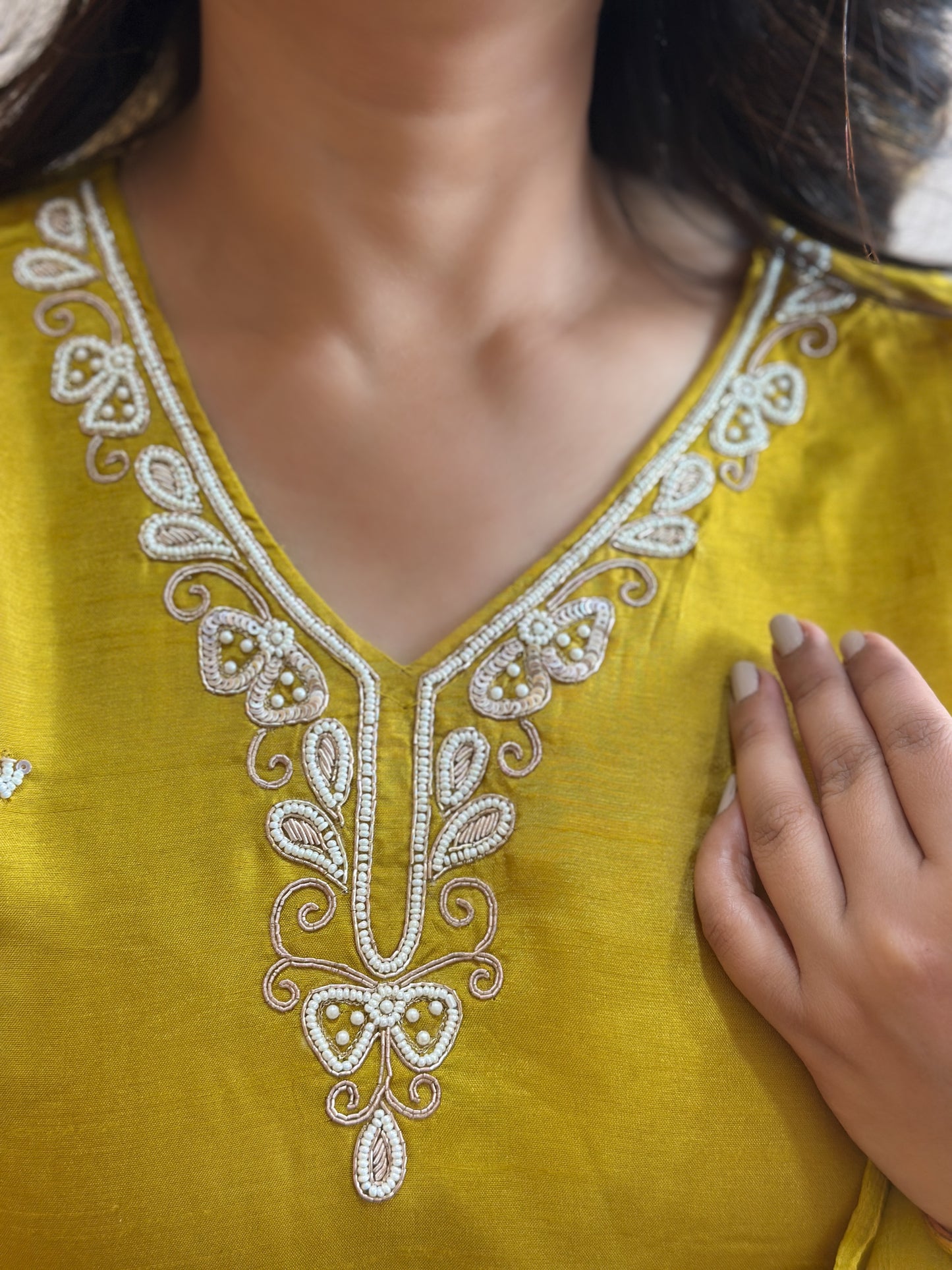 Mustard Embroidered Dola Silk Kurta Set
