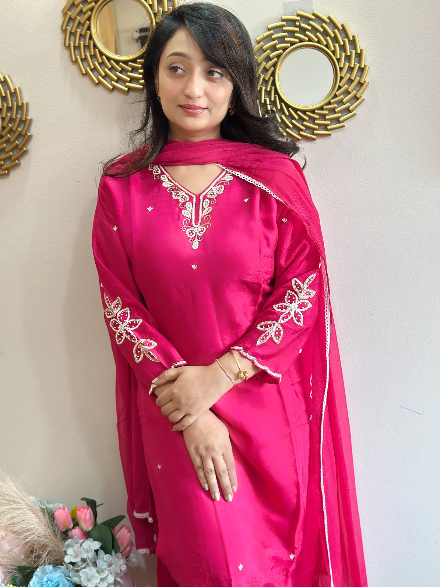 Embroidered Dola Silk Kurta Set