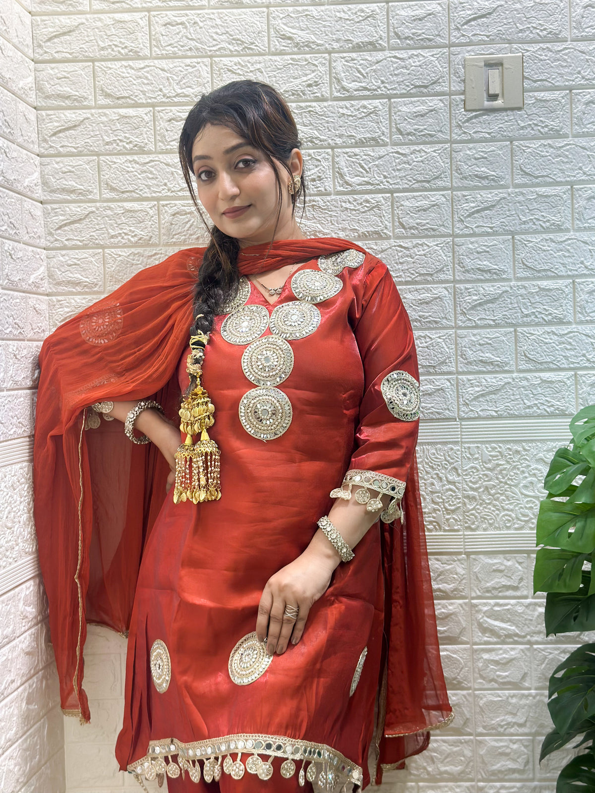 Real Mirror Work Rust Colour Kurta Set