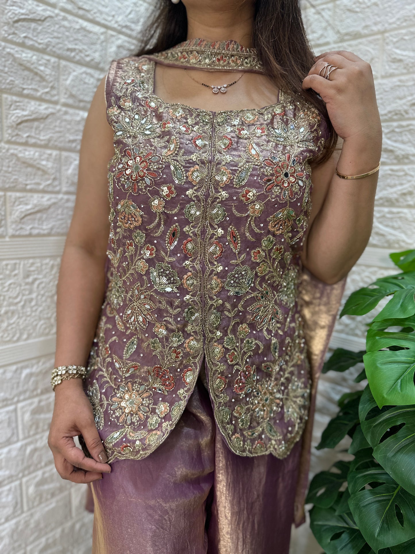 Indo Western- lavender silk embroidered short kurti with flared pants and a matching dupatta