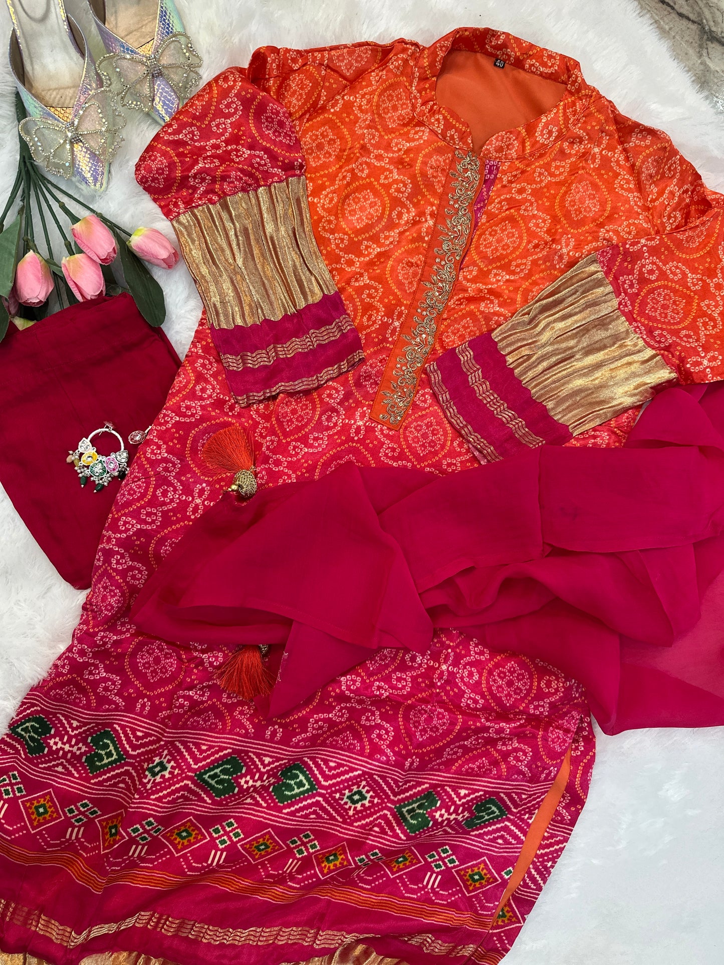 Beautiful Embroidered Gaji Silk Bandhani Dual-Color Ombré Kurta Set