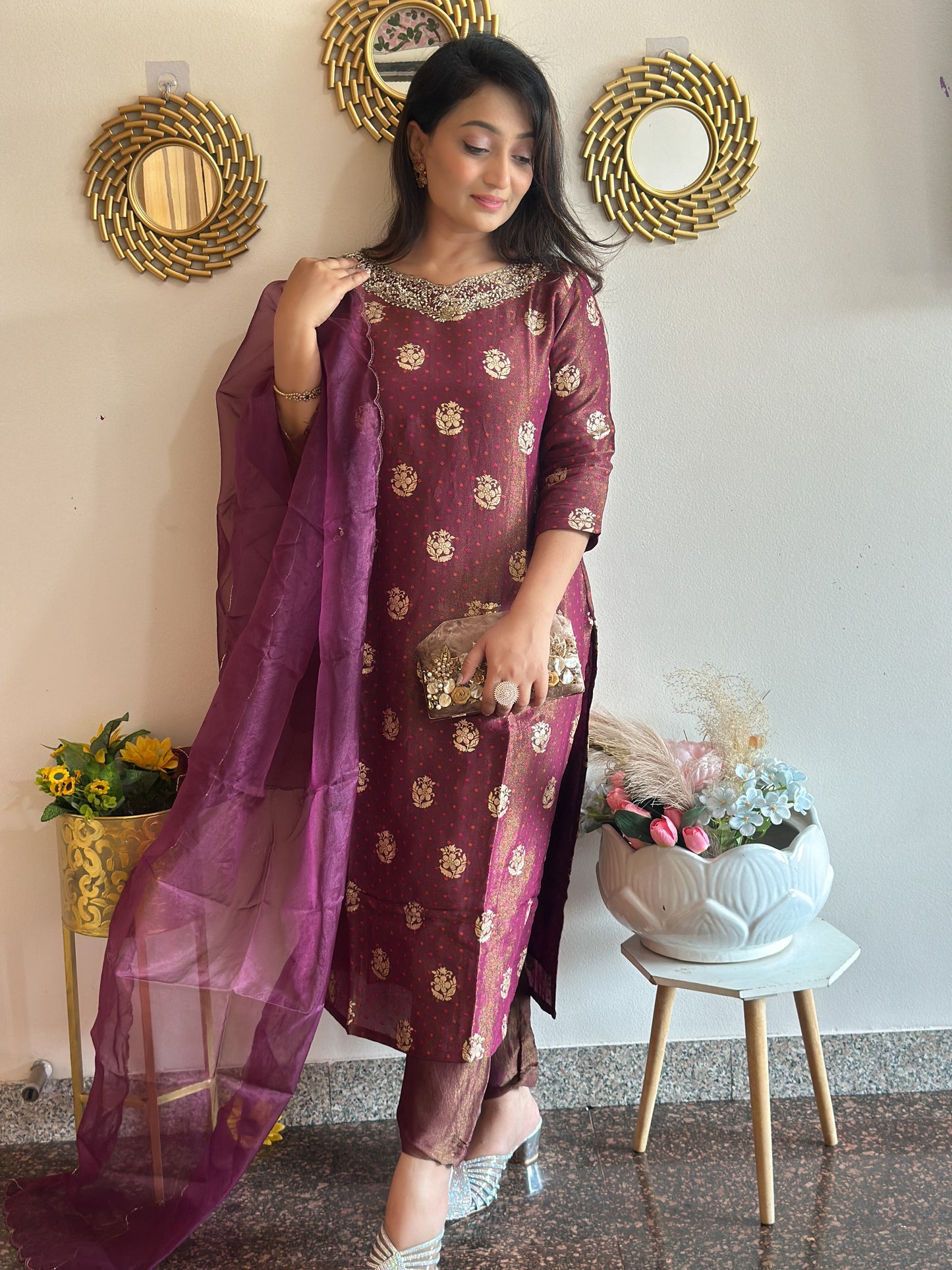 Wine Colour Tissue Silk Kurta Set