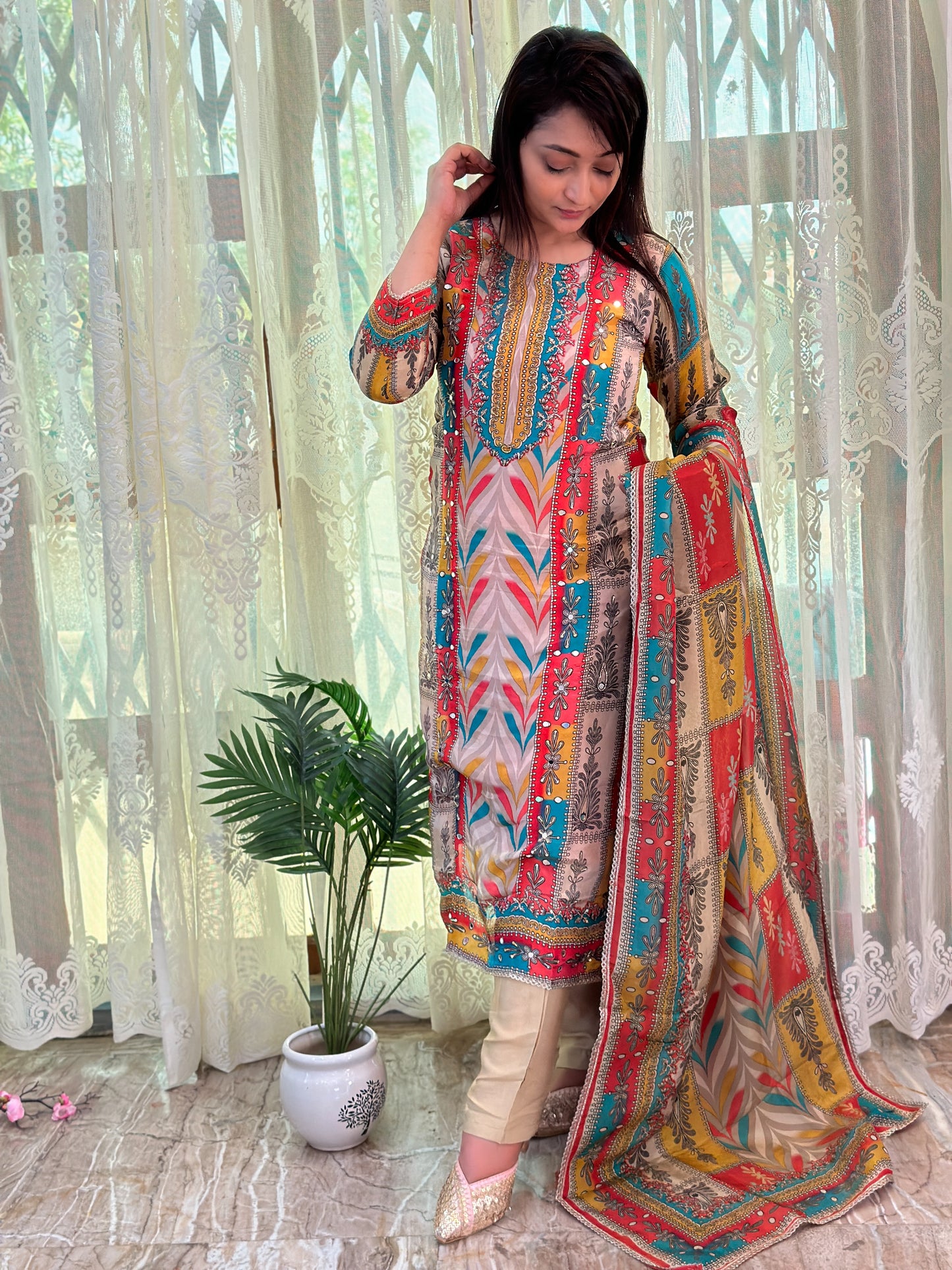 Elegant Pure Muslin Dress with Mirror Work