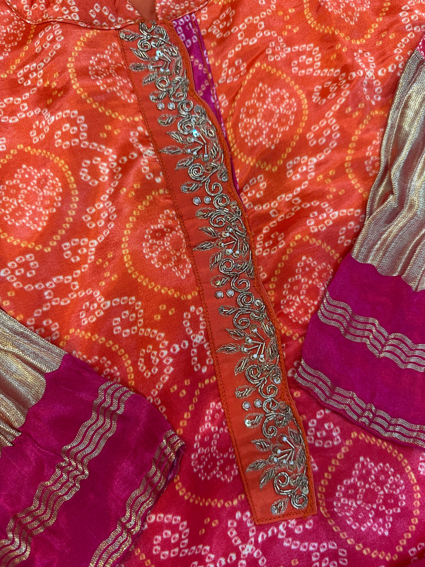 Beautiful Embroidered Gaji Silk Bandhani Dual-Color Ombré Kurta Set