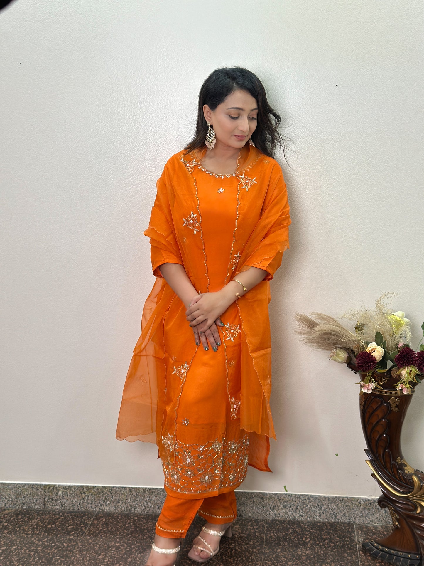 Elegant Orange Embroidered Ensemble