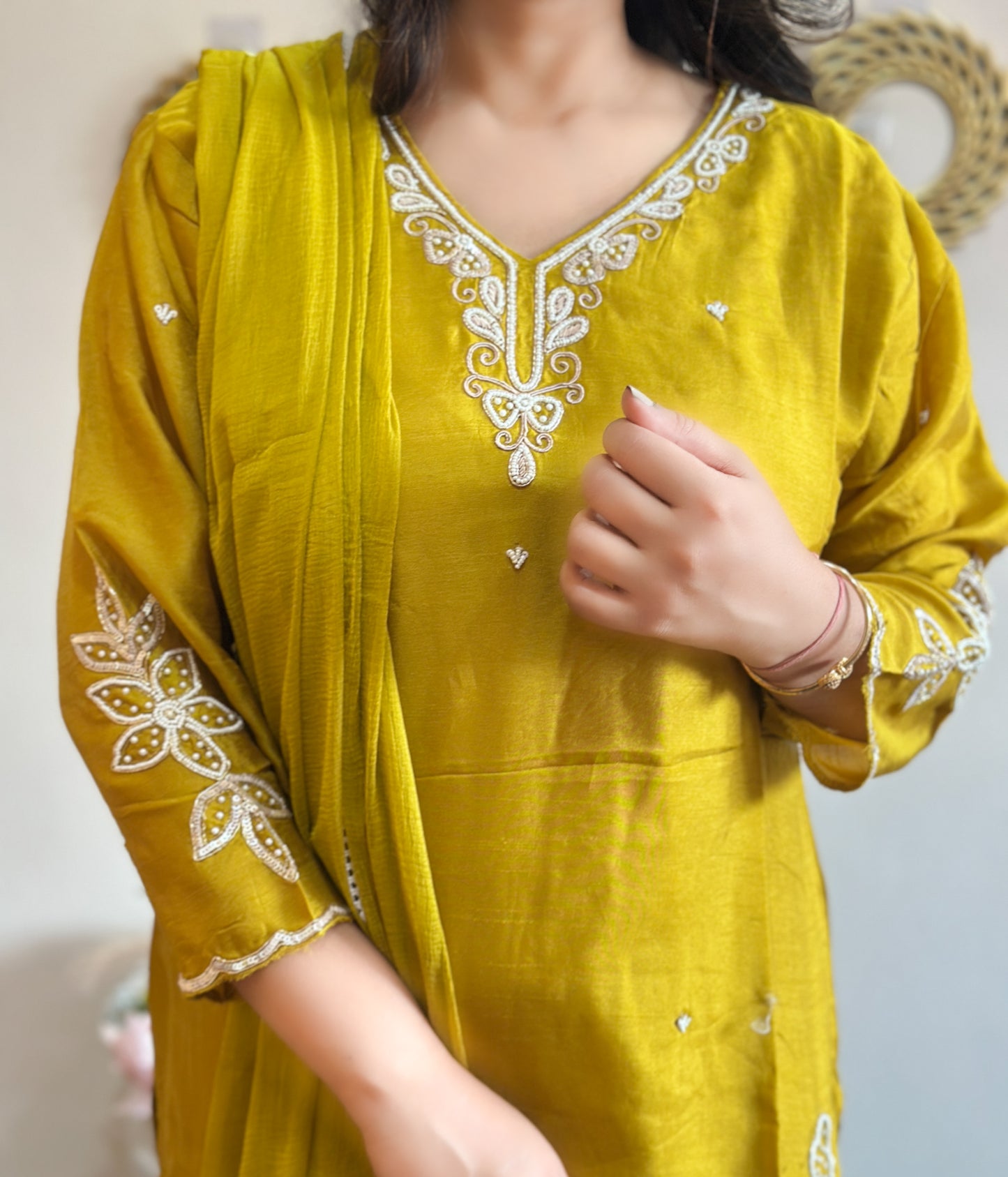 Mustard Embroidered Dola Silk Kurta Set