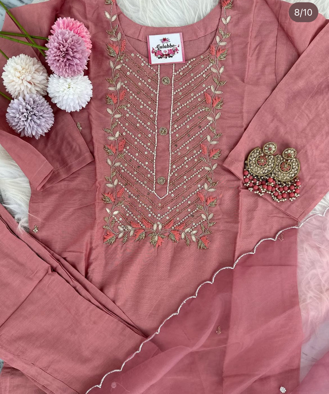 Pink Embroidered Kurta Set With Organza Dupatta