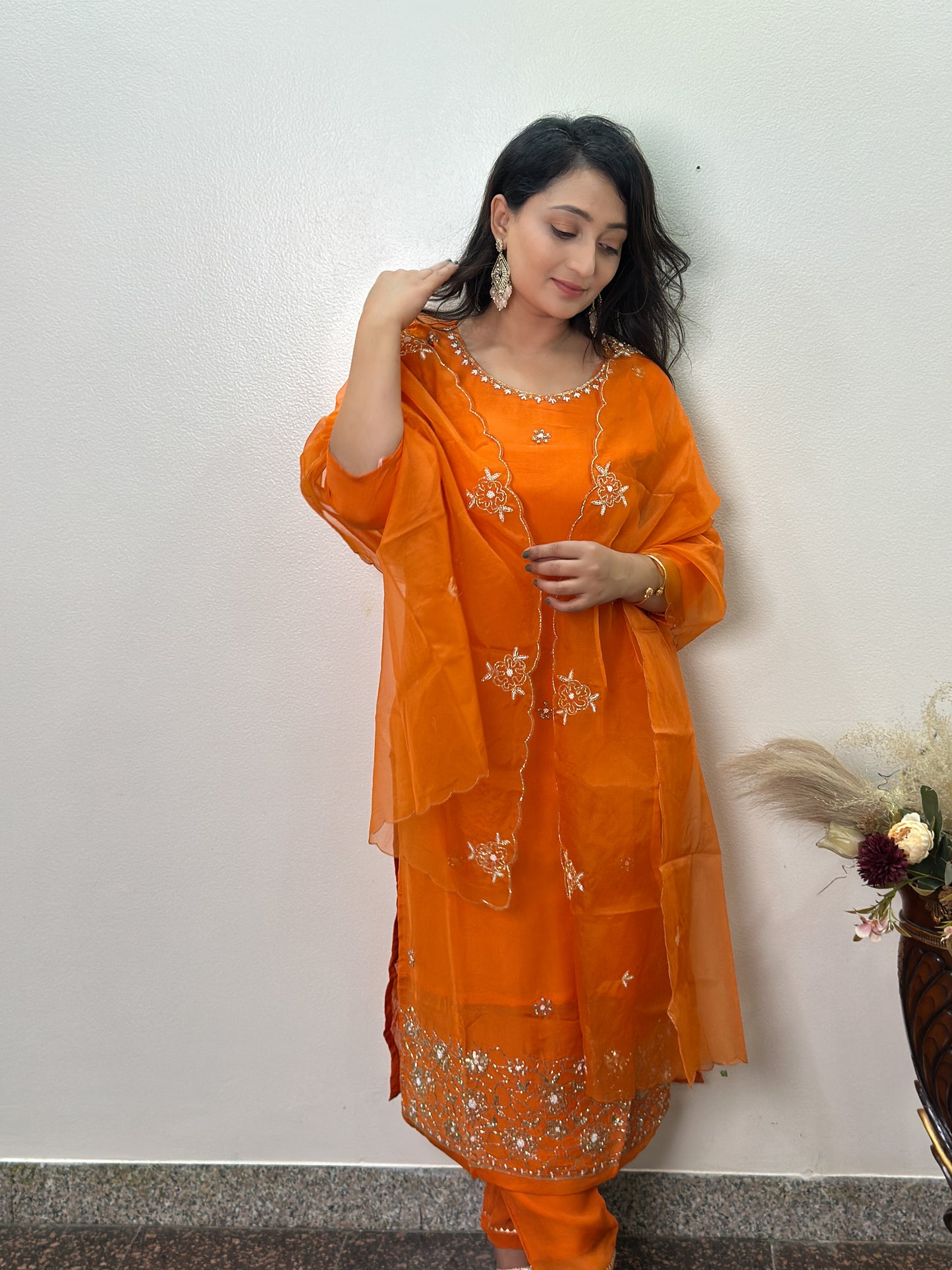 Elegant Orange Embroidered Ensemble