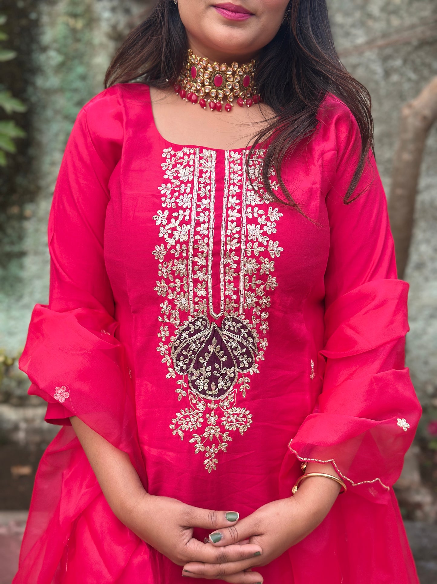 Silk Embroidered Kurta Set With Organza Dupatta