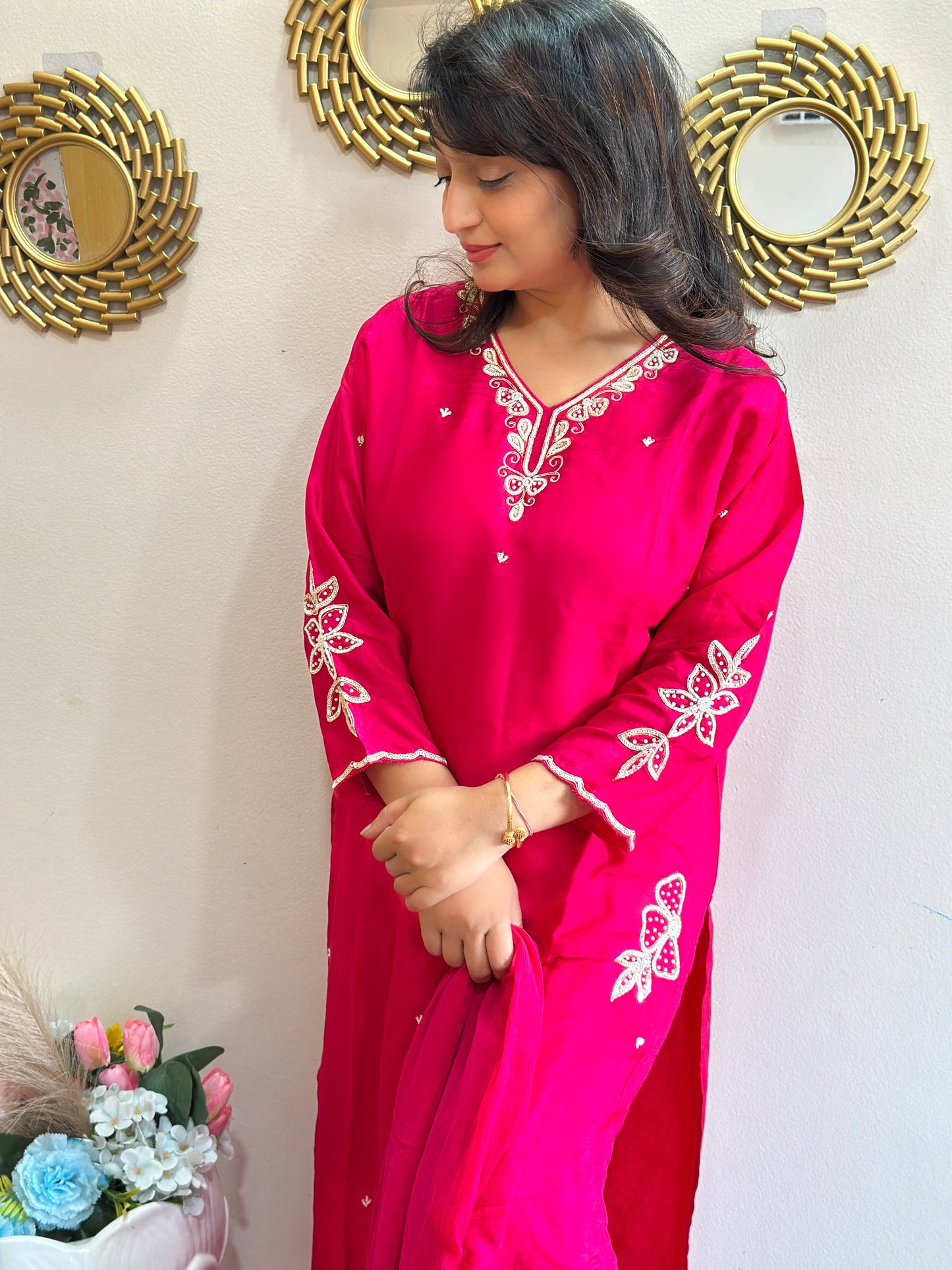 Embroidered Dola Silk Kurta Set