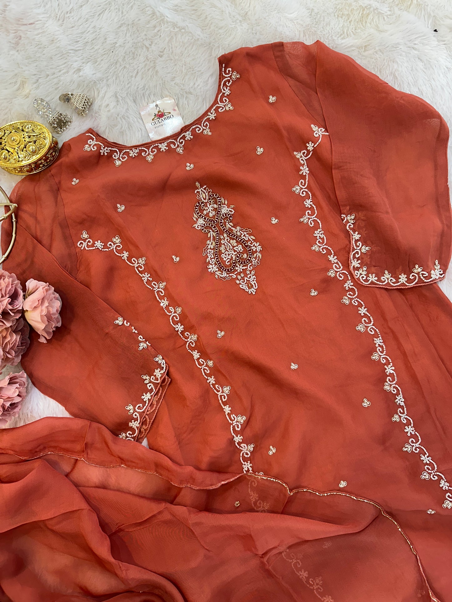 Chinnon Rust Colour Hand Embroidered Kurta Set