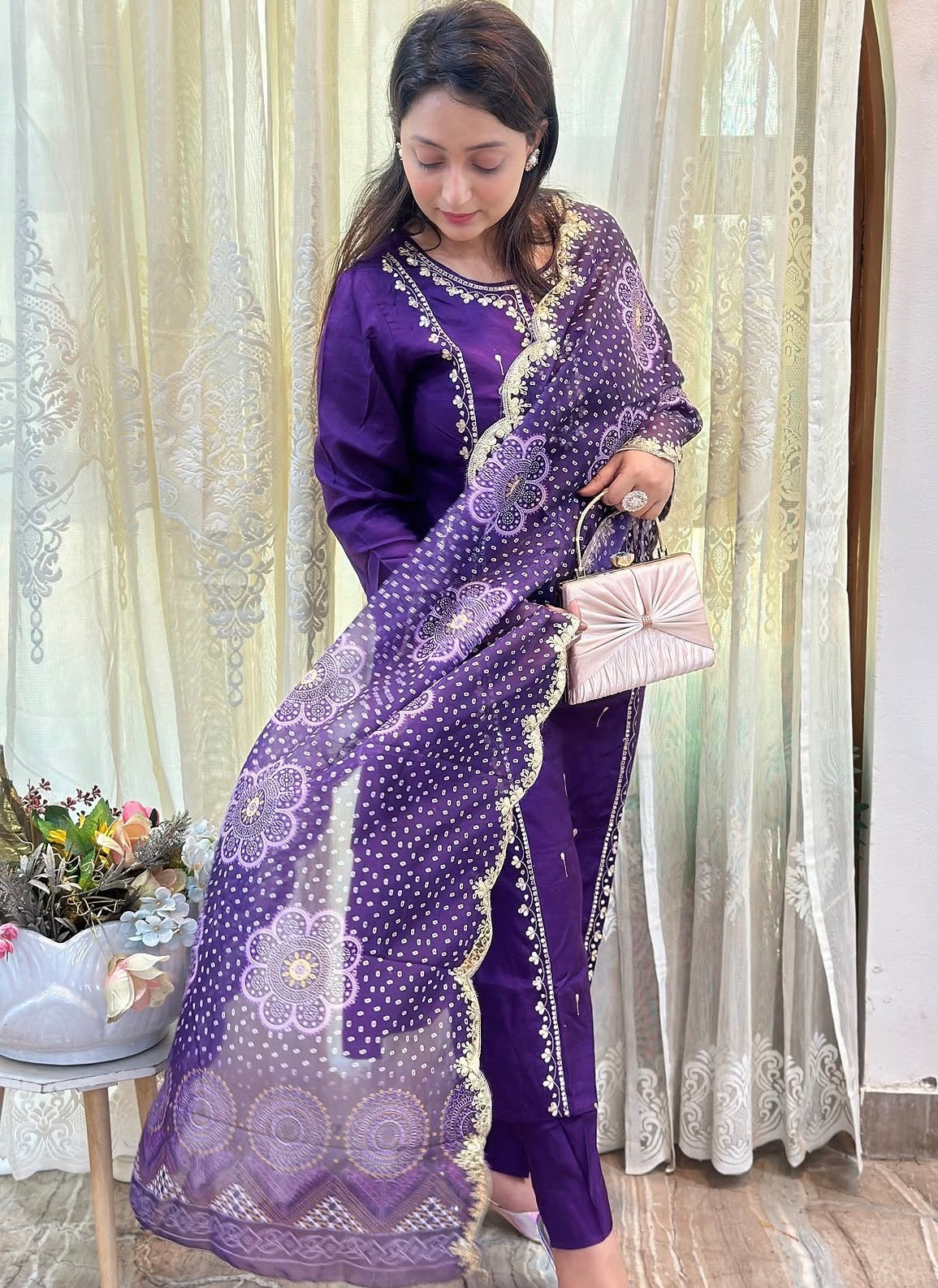 Gota Patti embroidered kurta set in vibrant purple with scalloped Dupatta