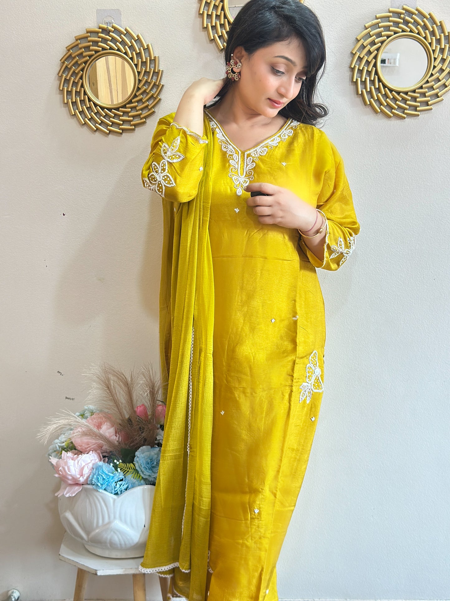 Mustard Embroidered Dola Silk Kurta Set
