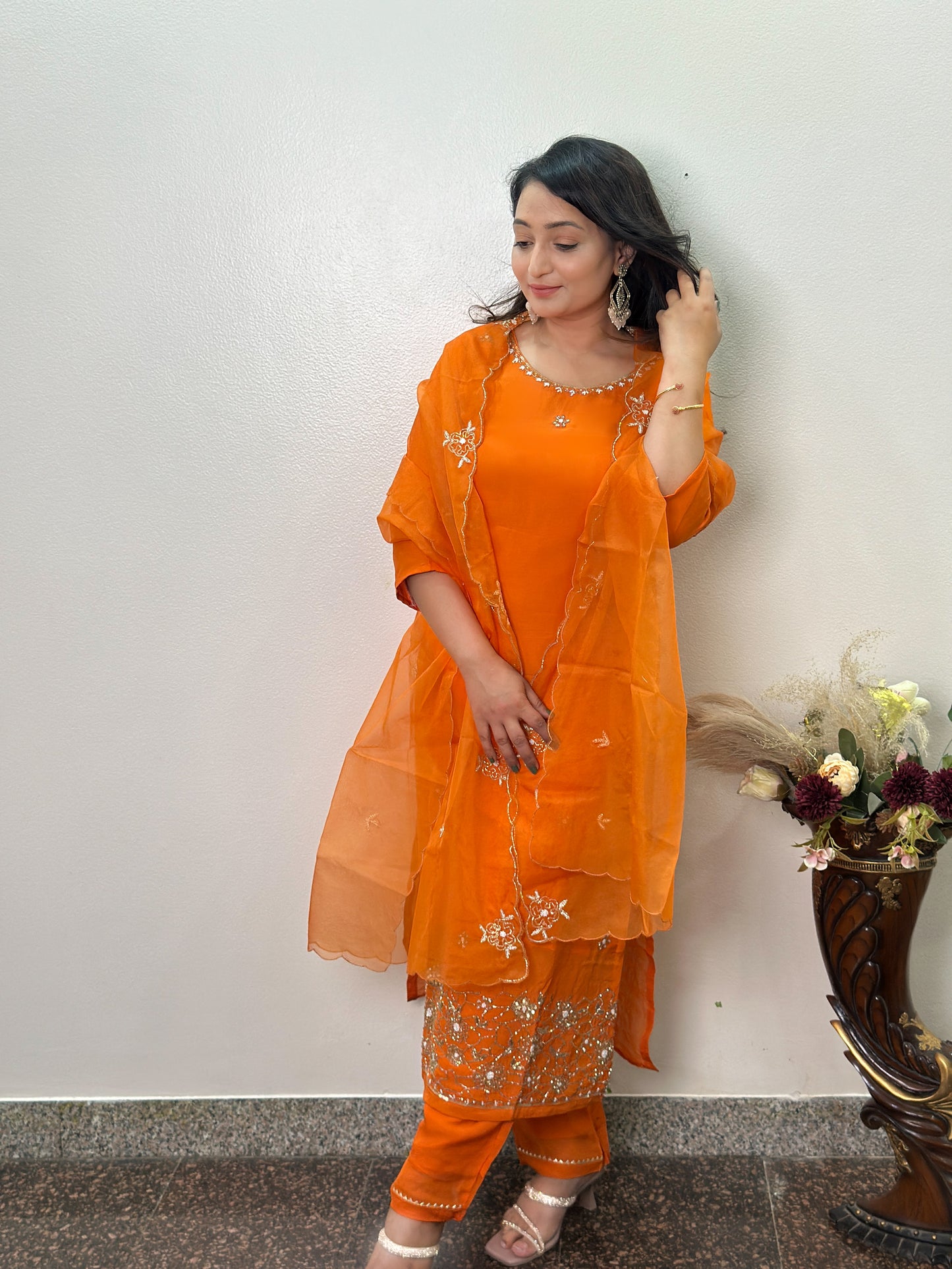 Elegant Orange Embroidered Ensemble