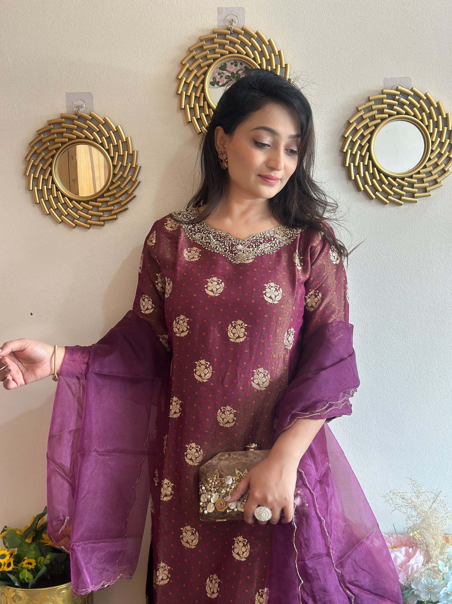 Wine Colour Tissue Silk Kurta Set