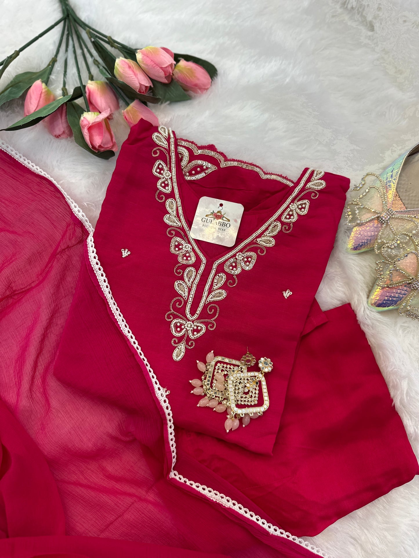 Embroidered Dola Silk Kurta Set