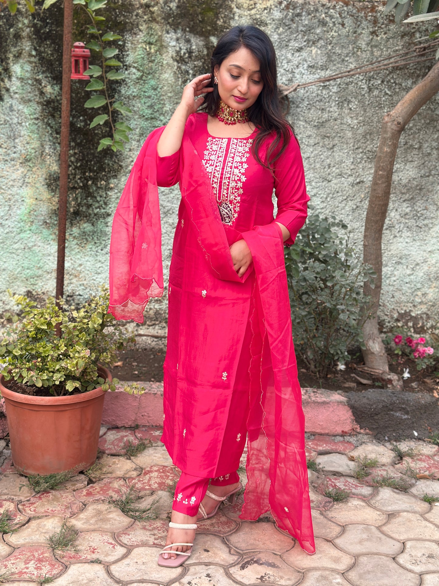 Silk Embroidered Kurta Set With Organza Dupatta