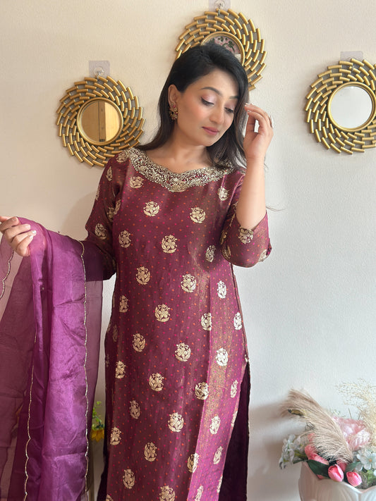 Wine Colour Tissue Silk Kurta Set
