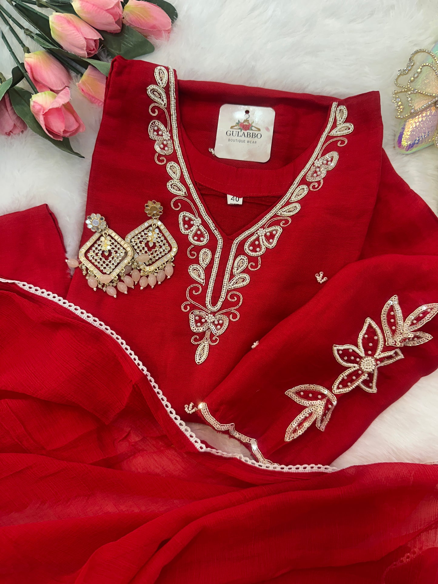 Red Embroidered Dola Silk Kurta Set