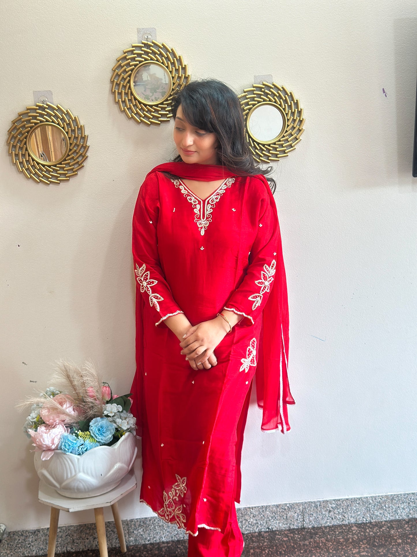Red Embroidered Dola Silk Kurta Set