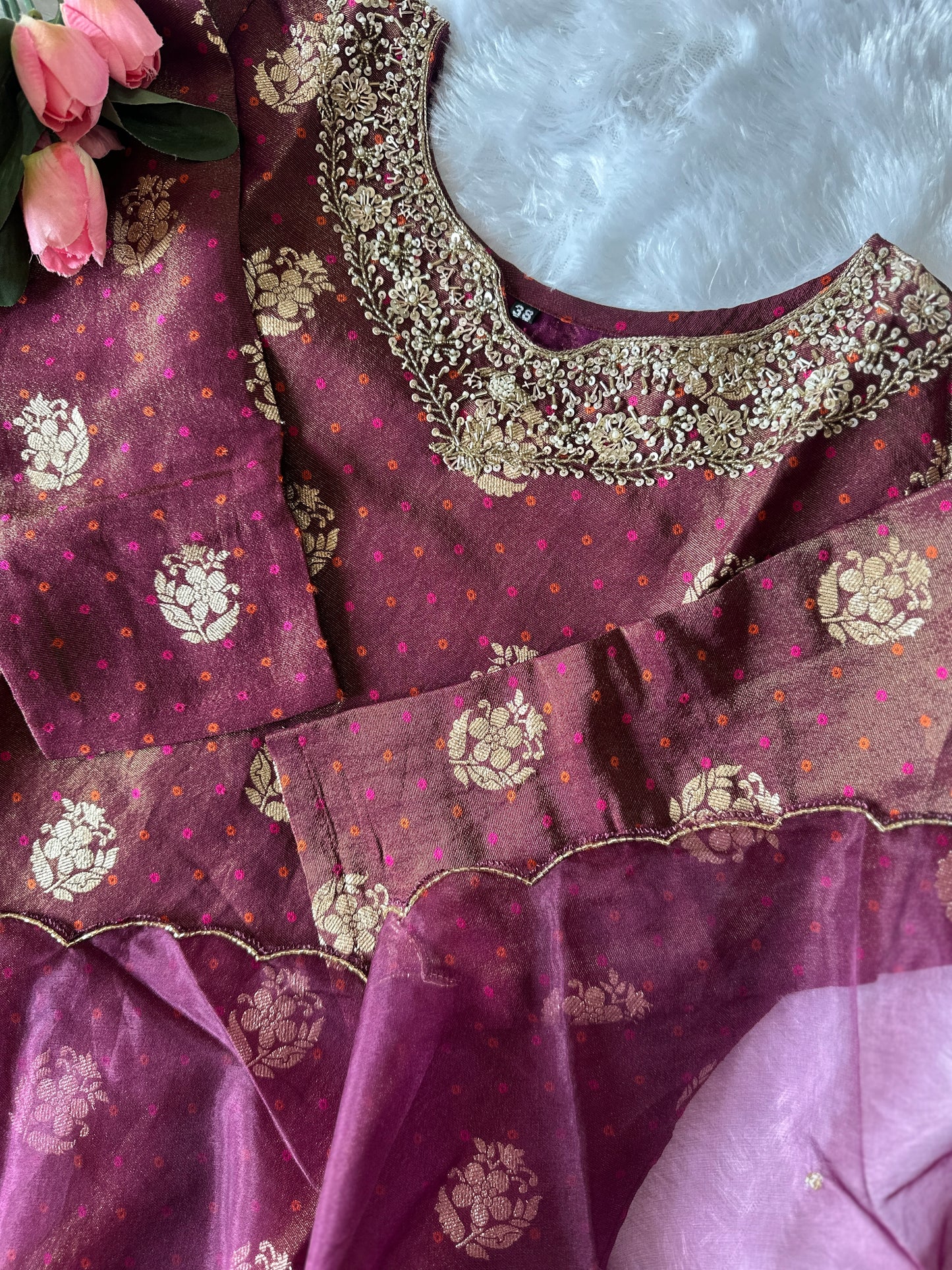 Wine Colour Tissue Silk Kurta Set