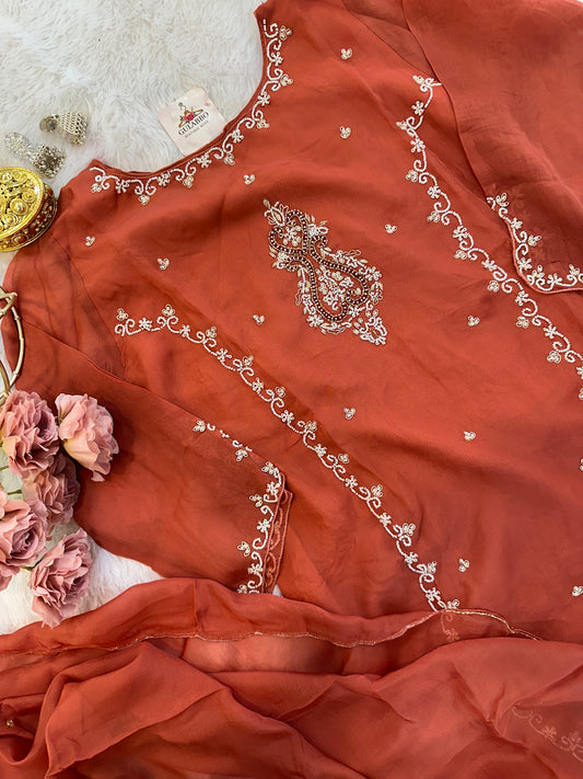 Chinnon Rust Colour Hand Embroidered Kurta Set