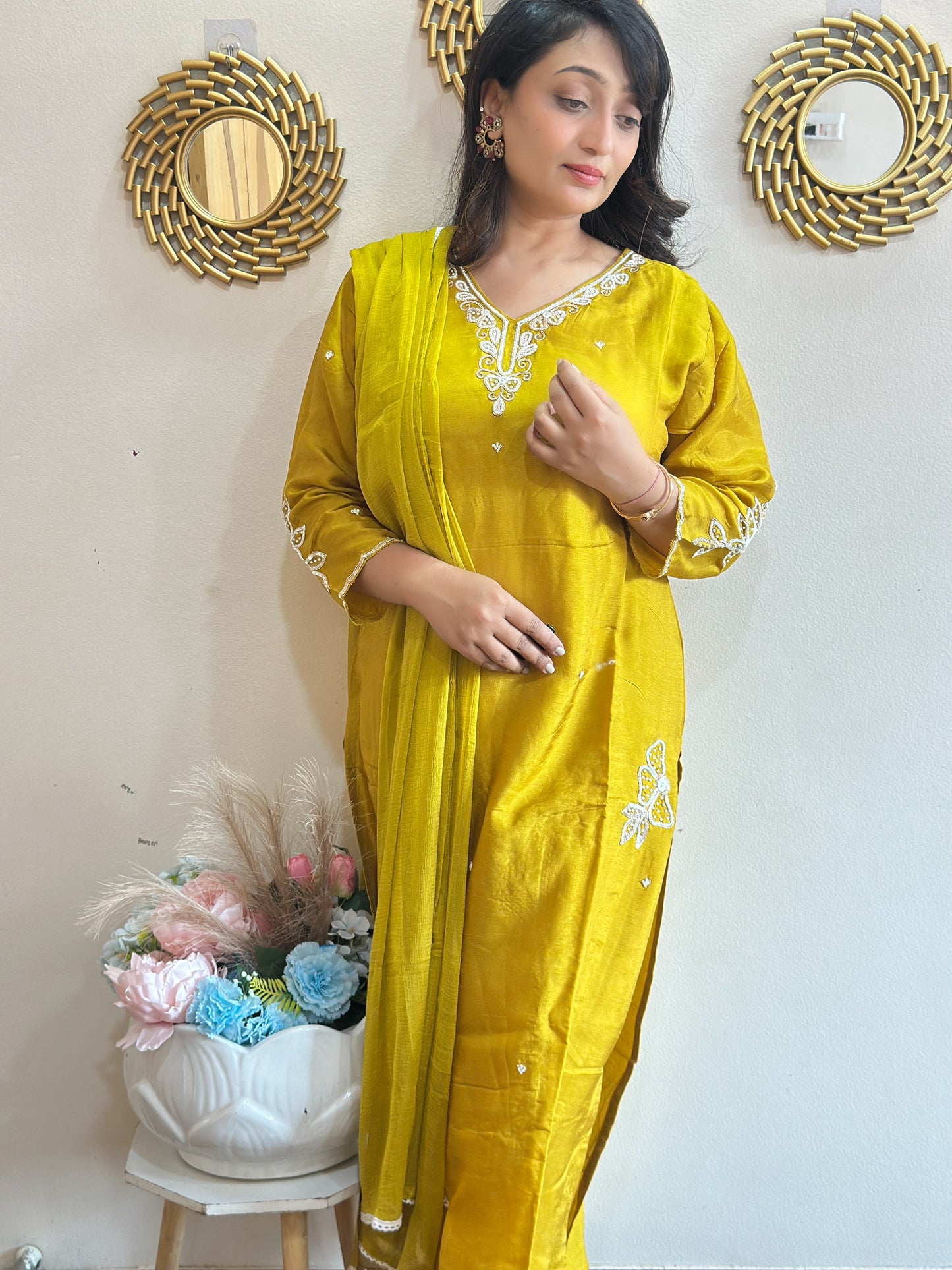 Mustard Embroidered Dola Silk Kurta Set