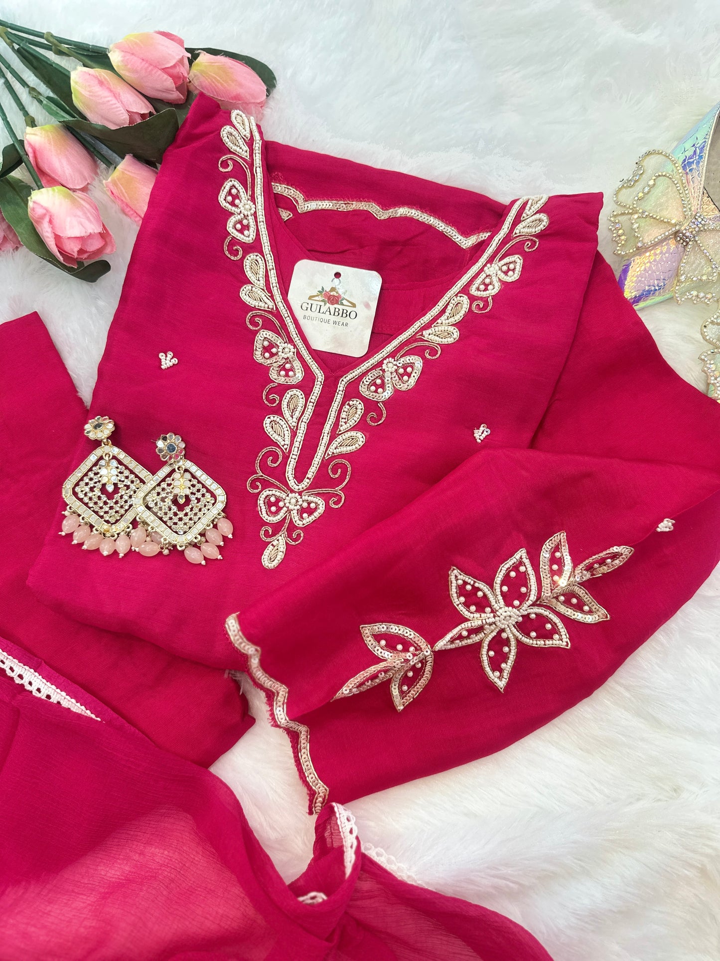 Embroidered Dola Silk Kurta Set