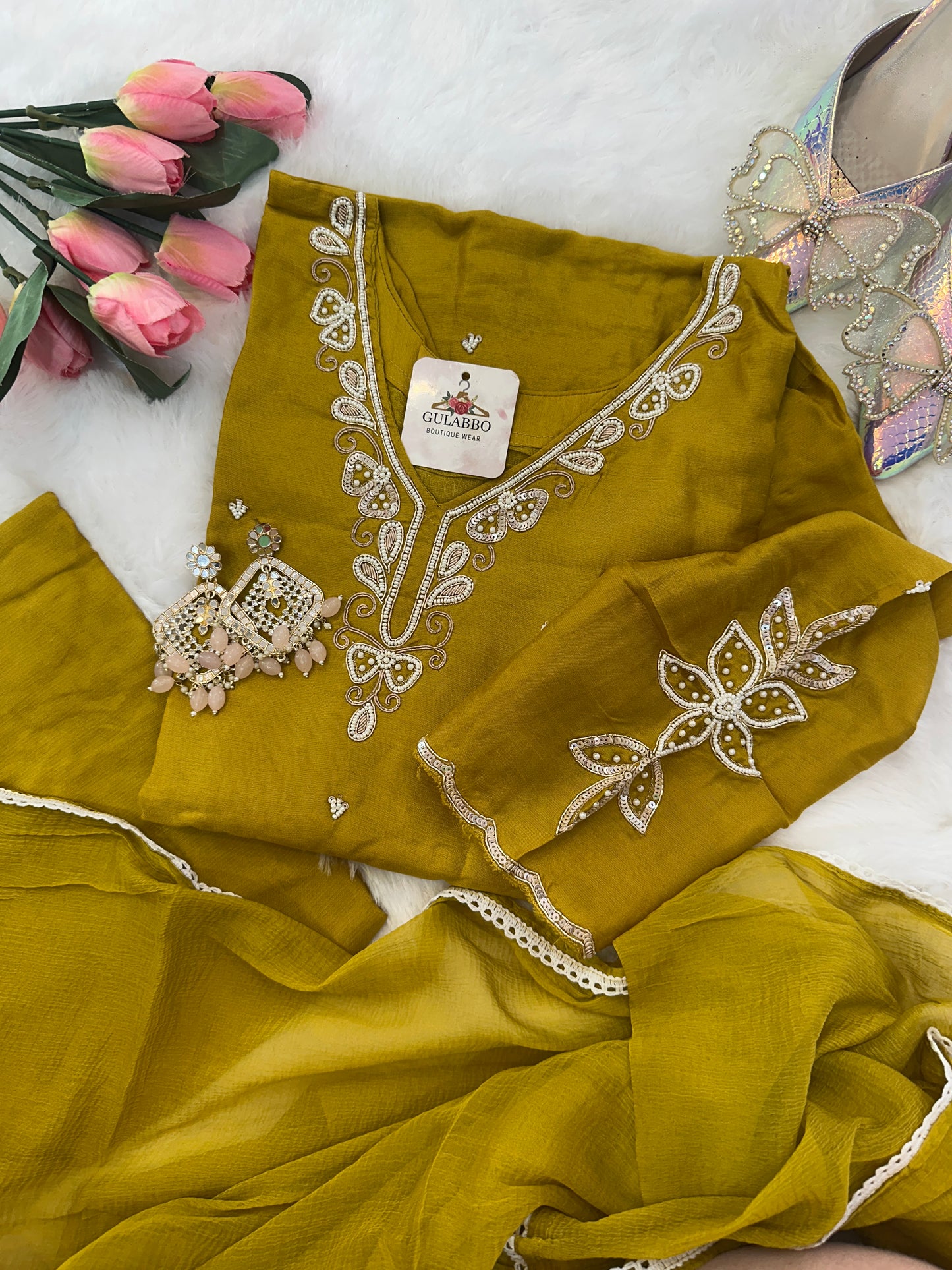 Mustard Embroidered Dola Silk Kurta Set