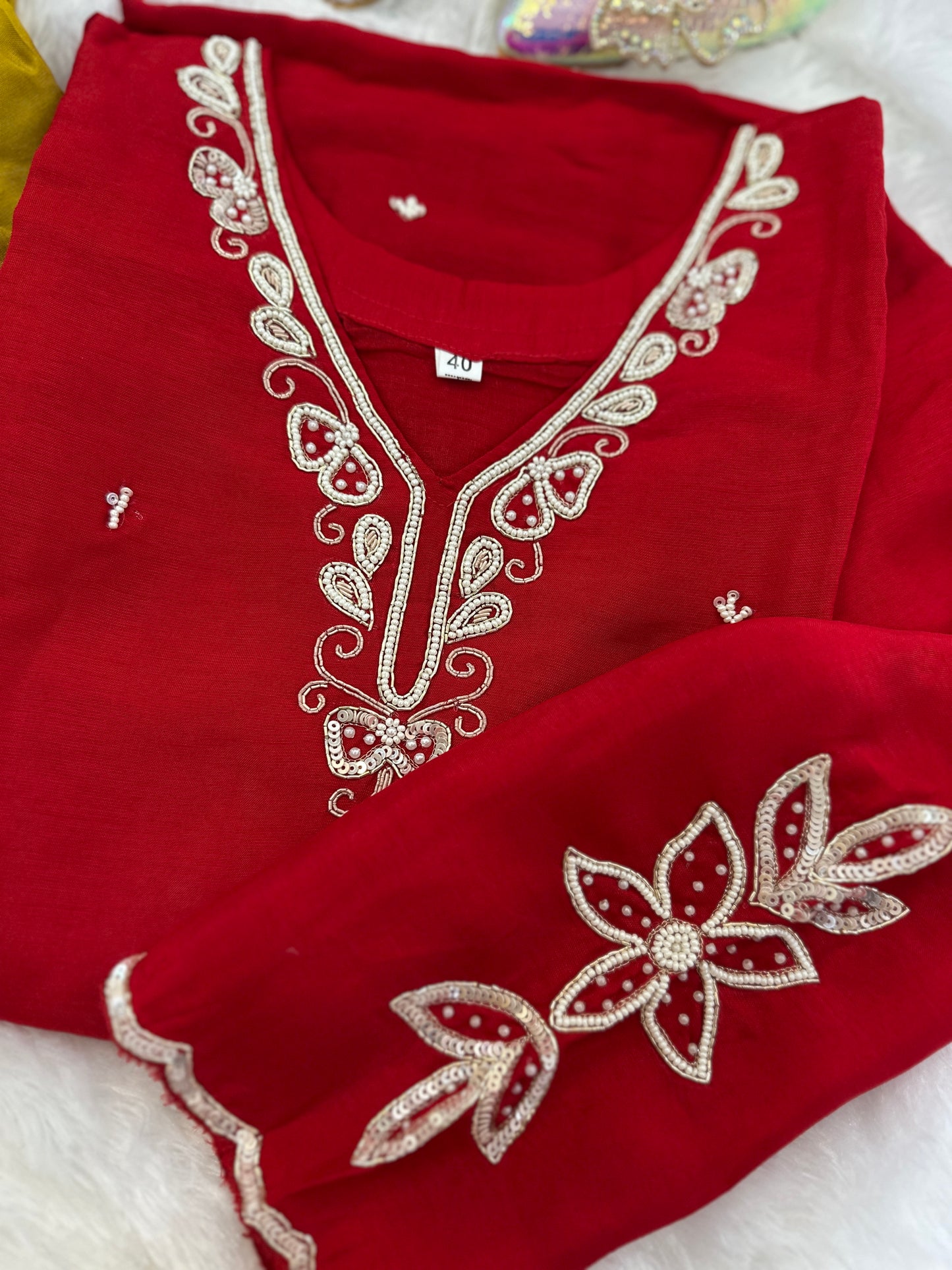 Red Embroidered Dola Silk Kurta Set