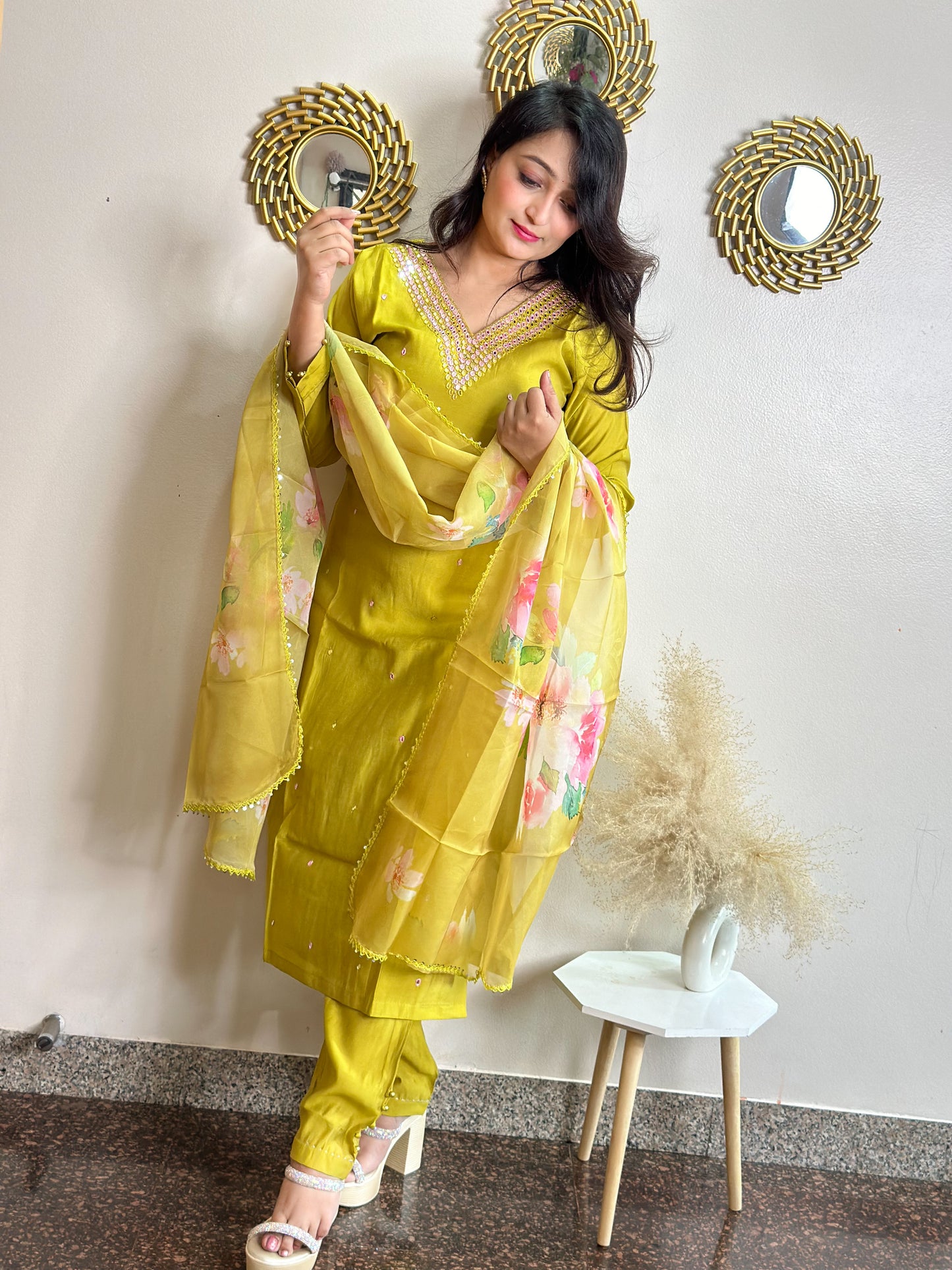 Silk Kurta Set with Floral Organza Dupatta