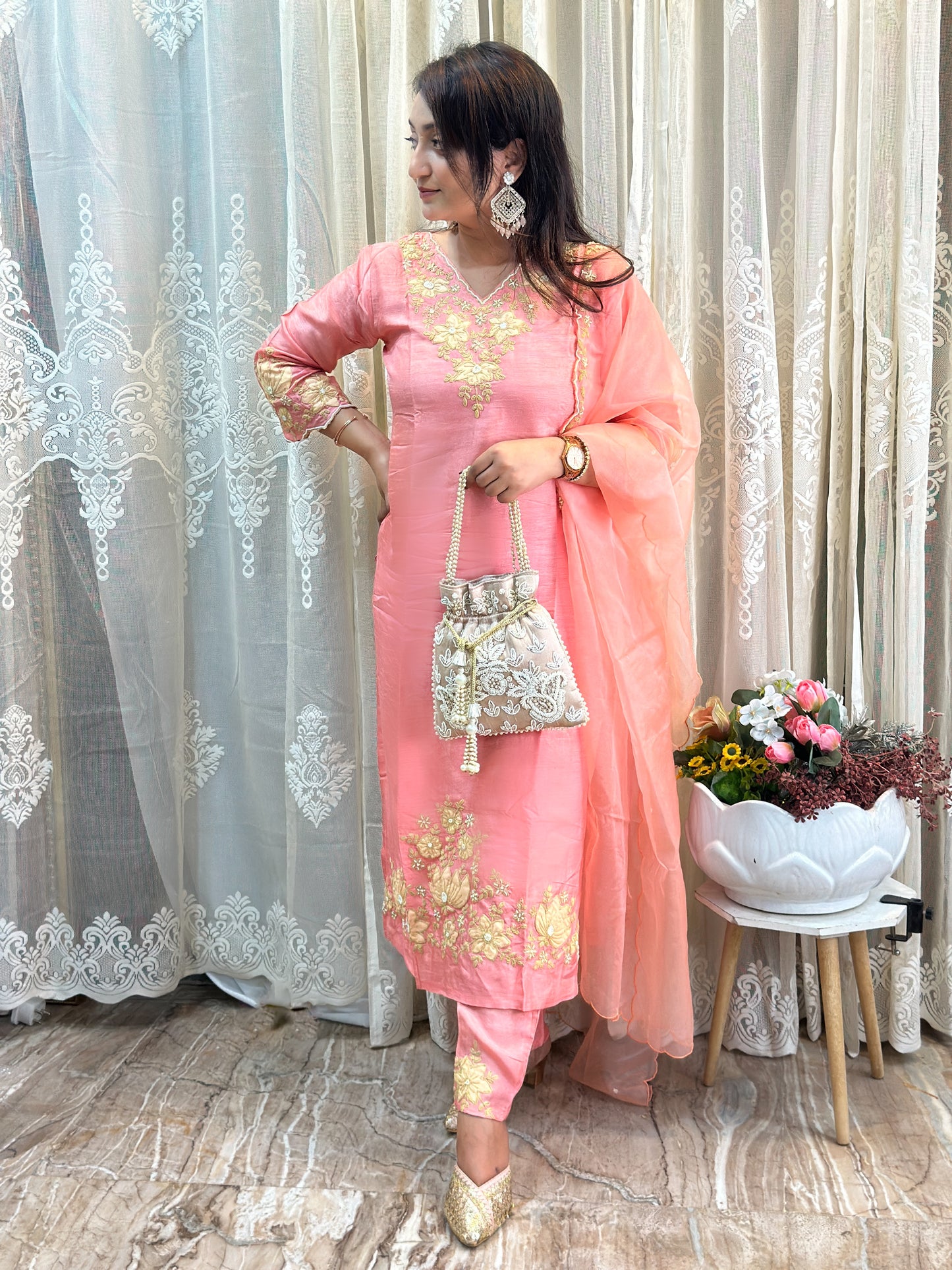 Ribbon Embroidered Kurta Set